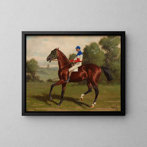 Eurus with jockey in saddle - Henry Stull — framed artwork on a wall