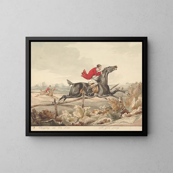 Horses qualified and unqualified riders successfully crossing a wooden barrier - Henry Thomas Alken — framed artwork on a wall
