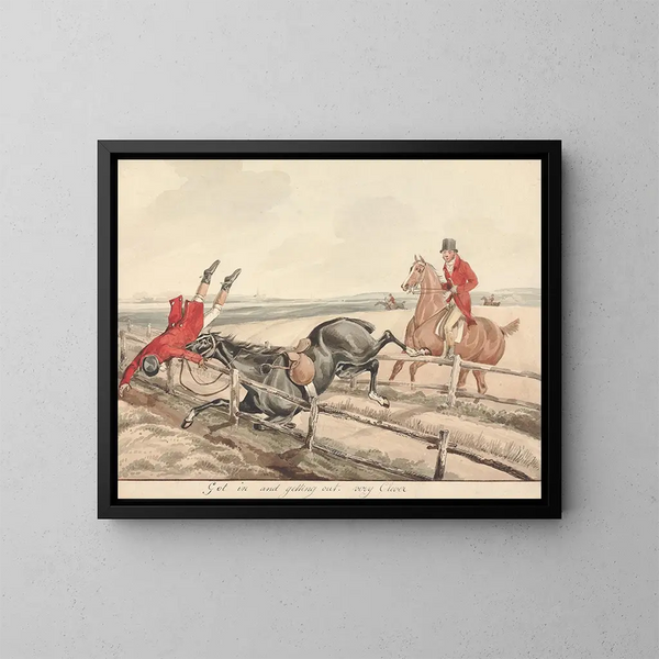 Henry Thomas Alken's painting "Qualified Horses and Unqualified Riders Enter and Exit Very Skillfully" — framed artwork on a wall