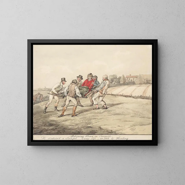 qualified horses and unqualified riders returning home in triumph, he despised an easy lazy life and took up hunting - Henry Thomas Alken — framed artwork on a wall
