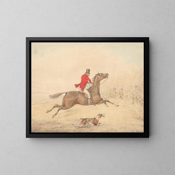 Cavalier on a brown horse preparing to jump a fence on the right - Henry Thomas Alken — framed artwork on a wall