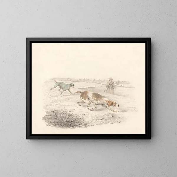 Deux pointeurs tournés vers la droite avec un sportif - Henry Thomas Alken — framed artwork on a wall