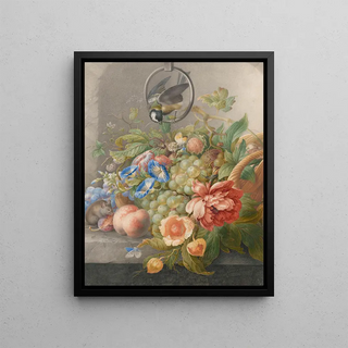 Herman Henstenburgh - Stilleven met bloemen vruchten een koolmees en een muis.webp