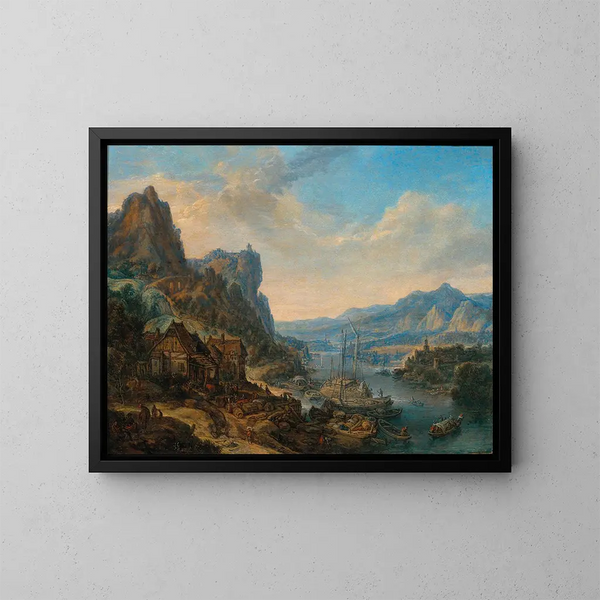 Un paisaje fluvial del Rin con barcos de comercio - Herman Saftleven — cuadro enmarcado en la pared