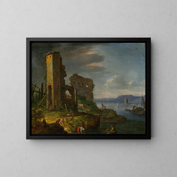 Paisaje fluvial con ruinas, barcos y figuras - Herman Saftleven — cuadro enmarcado en la pared