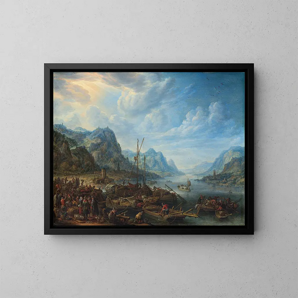 Vista de un río con amarraderos de barcos - Herman Saftleven — cuadro enmarcado en la pared