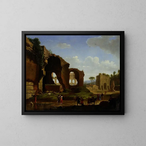 Una vista romana de las ruinas del templo de Venus y de Roma con el Coliseo y el arco de Constantino - Herman van Swanevelt — cuadro enmarcado en la pared