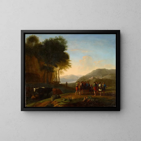 Joseph telling his dream to his brothers - Herman van Swanevelt — framed artwork on a wall