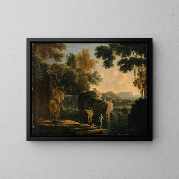 Cascade with Fishermen - Herman van Swanevelt — framed artwork on a wall
