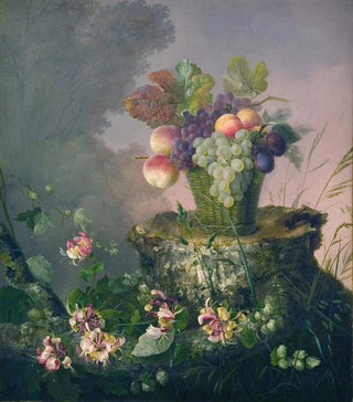 Hermania Neergaard - Blomsterkurv Med Frugt Ved En Trstub.webp