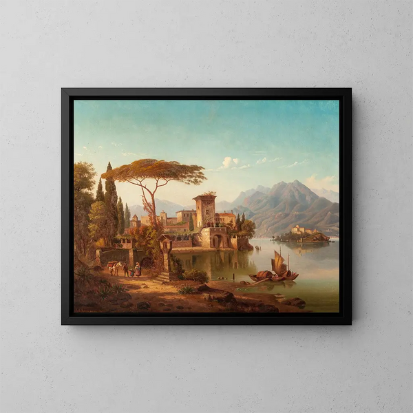 Northern Italy landscape painting, probably Lake Como - Hermann August Krüger — framed artwork on a wall