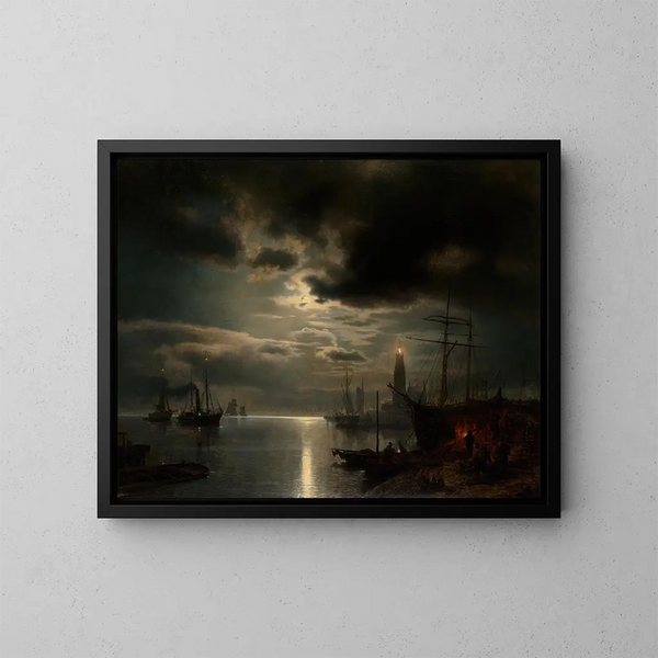 A Moonlit Port - Hermann Ottomar Herzog — framed artwork on a wall