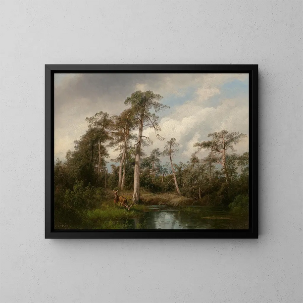 Deer in the Marsh of Gulph - Hermann Ottomar Herzog — framed artwork on a wall