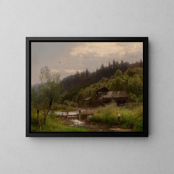 "Ferme au bord du ruisseau" by Hermann Ottomar Herzog — framed artwork on a wall