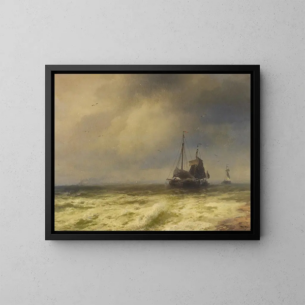 Two ships by the seaside - Hermann Ottomar Herzog — framed artwork on a wall