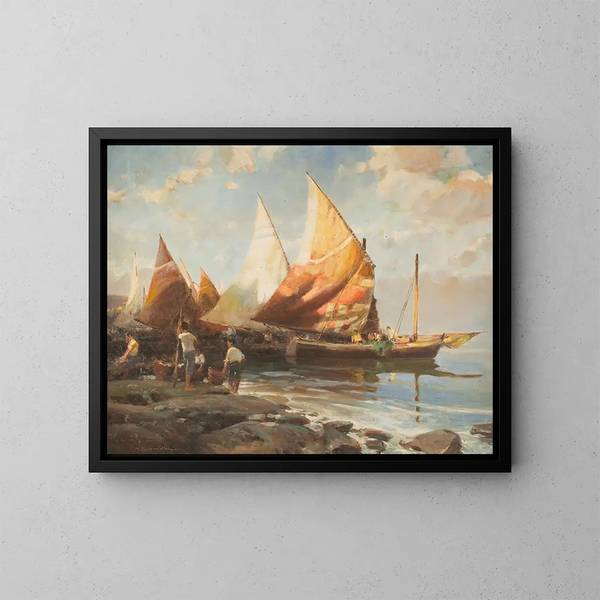Fishermen Italians on the Beach - Hermann Schmidtmann — framed artwork on a wall