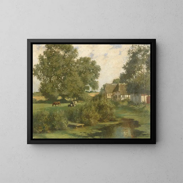 North German landscape painting with ducks and thatched roof houses - Hermann Seeger — framed artwork on a wall