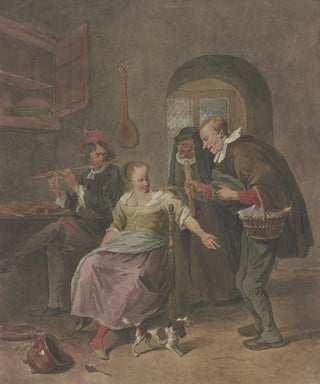 Hermanus Numan - In einem Zimmer spielt ein Mann die Flte dabei sitzt eine Frau die mit einem Mann spricht der ein Krbchen trgt hinter beiden eine alte Frau.webp