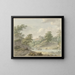 Landscape painting with seated draftsman and castle by the water - Hermanus Numan — framed artwork on a wall