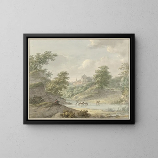 Hermanus Numan - Landschap met zittende tekenaar en kasteel aan water.webp