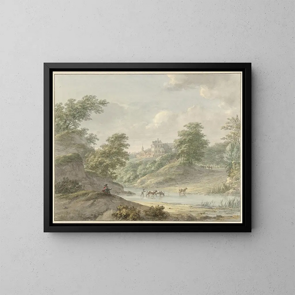 Paisaje con dibujante sentado y castillo junto al agua - Hermanus Numan — cuadro enmarcado en la pared