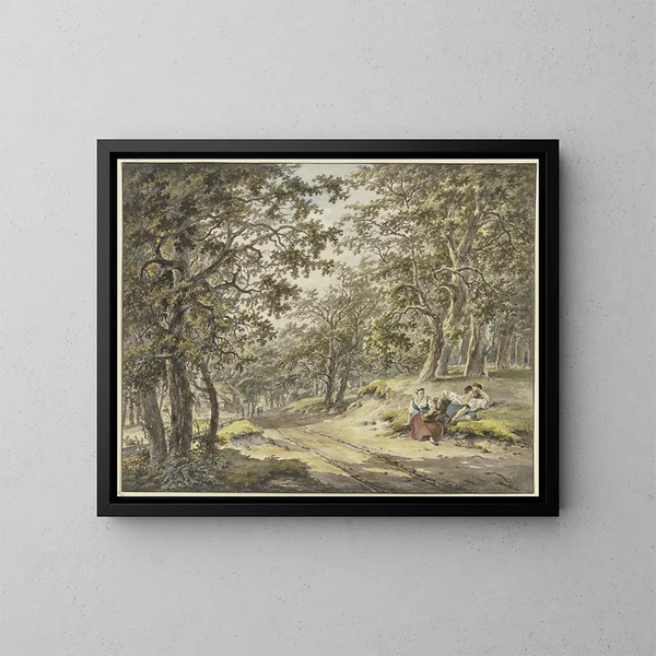 Camino a través del bosque, pasando frente a un huerto, con un campesino y una campesina descansando con sus cestas - Hermanus van Brussel — cuadro enmarcado en la pared