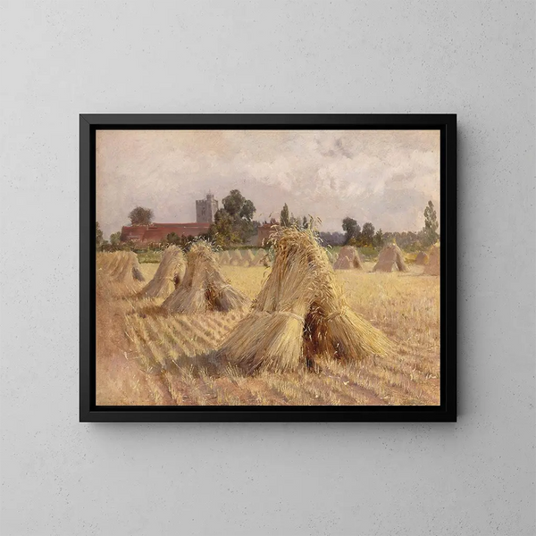 Les meules de maïs près de l'église de Bray - Heywood Hardy — framed artwork on a wall