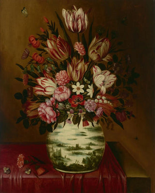 Hieronymus Wechinger - Still life with flowers in a porcelain vase on a draped table.webp