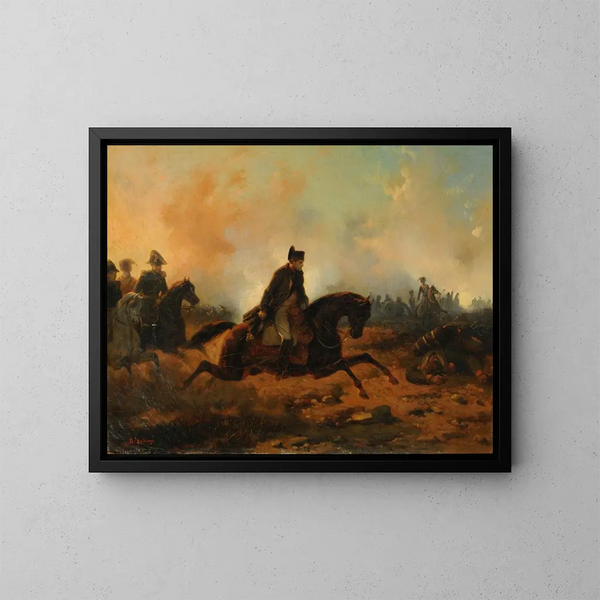 Napoleón cargando en Waterloo - Hippolyte Bellangé — cuadro enmarcado en la pared