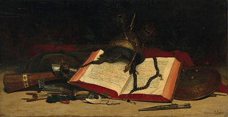 Orientalist still life with a Quran - Hippolyte Pierre Delanoy — artwork view