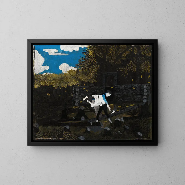 Abraham Lincoln and his father building their cabin on Pigeon Creek - Horace Pippin — framed artwork on a wall
