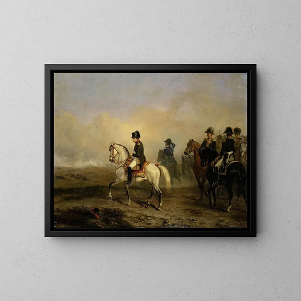 L'Emperador Napoleón I y su estado mayor a caballo - Horace Vernet — cuadro enmarcado en la pared