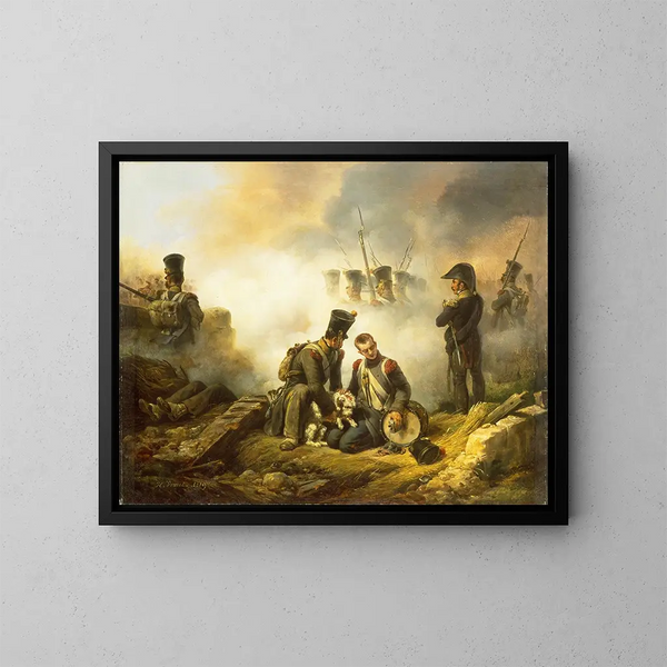 El perro del regimiento herido - Horace Vernet — cuadro enmarcado en la pared