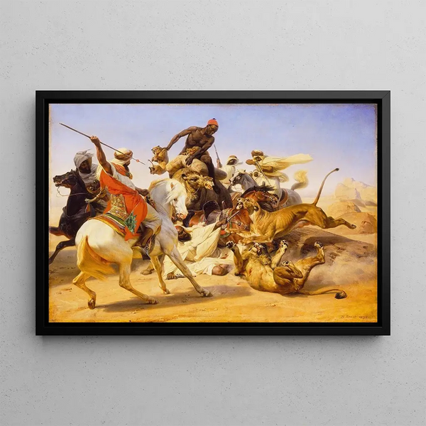 La caza del león - Horace Vernet — cuadro enmarcado en la pared