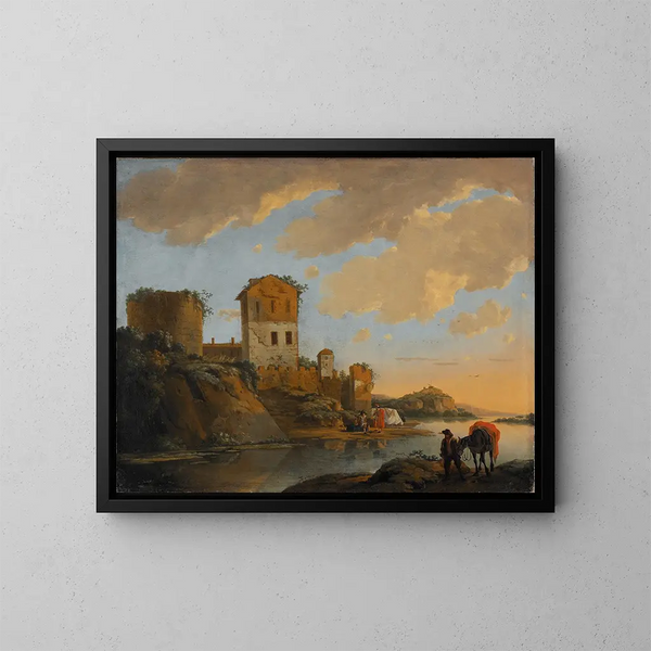 Italian river landscape with ruins - Horatius de Hooch — framed artwork on a wall