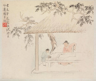 Hua Yan - A Man Sits at a Table before an Open Scroll a Boy Mixes Ink.webp