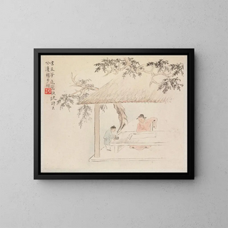Hua Yan - A Man Sits at a Table before an Open Scroll a Boy Mixes Ink.webp