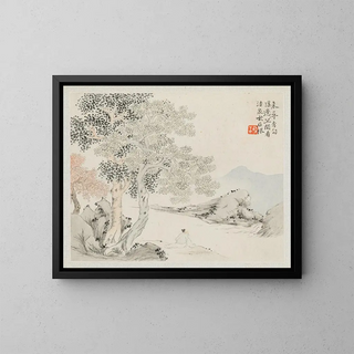 Hua Yan - Three Big Trees a Stream with an Old Man Sitting on the Bank.webp
