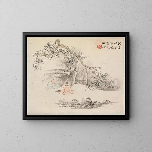 Two Figures Outdoors, One Listening While the Other Plays the Qin - Hua Yan — framed artwork on a wall