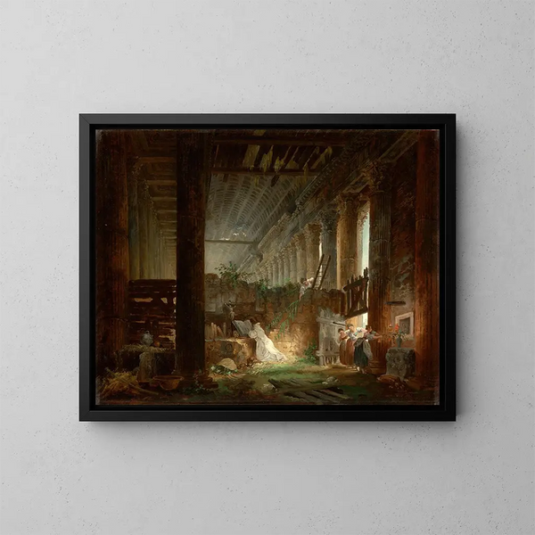 Un ermitaño rezando en las ruinas de un templo romano - Hubert Robert — cuadro enmarcado en la pared