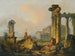 Un paisaje con pastores y pastoras entre ruinas antiguas con la estatua de Castor y Pollux y el Panteón a lo lejos - Hubert Robert — vista de la obra