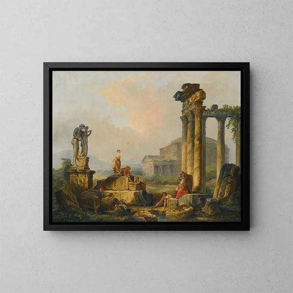 Un paisaje con pastores y pastoras entre ruinas antiguas con la estatua de Castor y Pollux y el Panteón a lo lejos - Hubert Robert — cuadro enmarcado en la pared