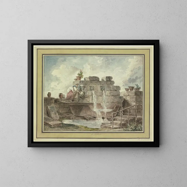 Una fuente romana con una mujer recogiendo agua - Hubert Robert — cuadro enmarcado en la pared