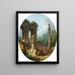 a painting "A Caprice of a Classic Arcade and a Column with Conversing Figures in Front of a Statue" by Hubert Robert — framed artwork on a wall