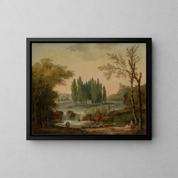 Vista del parque de Ermenonville con la tumba de Jean-Jacques Rousseau y el Templo de la Filosofía - Hubert Robert — cuadro enmarcado en la pared