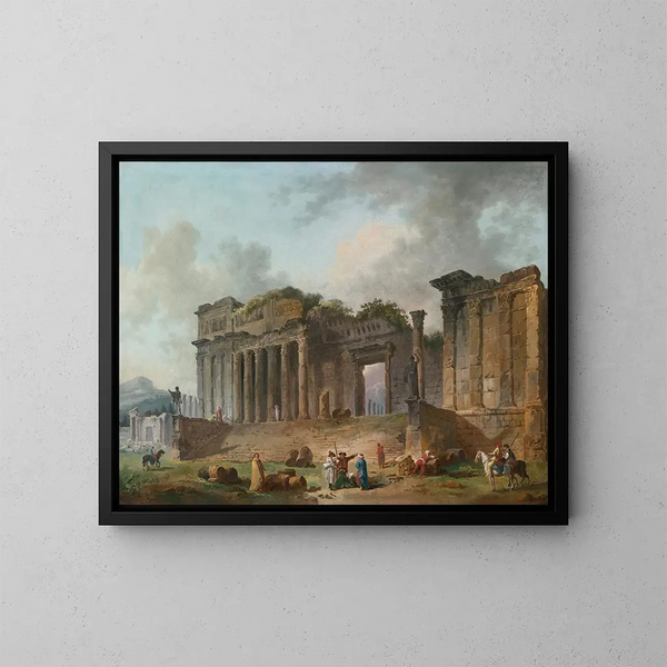 Un capricho arquitectónico con un artista esbozando en primer plano - Hubert Robert — cuadro enmarcado en la pared