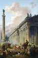 Vista imaginaria de Roma con estatua ecuestre de Marco Aurelio, columna de Trajano y un templo - Hubert Robert — vista de la obra