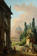 Vista imaginaria de Roma con el domador de caballos del Monte Cavallo y una iglesia - Hubert Robert — vista de la obra
