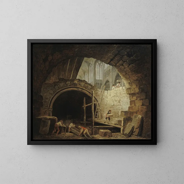 The violation of the kings' tombs in the Basilica of Saint-Denis in October 1793 - Hubert Robert — framed artwork on a wall