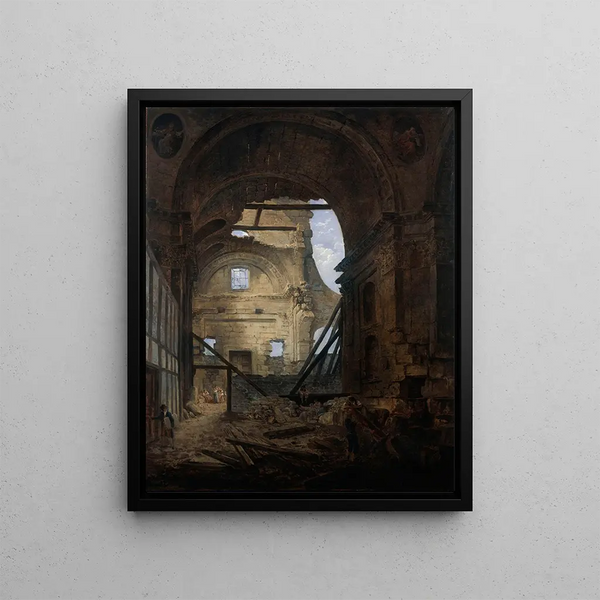 La chapelle de la Sorbonne avec la voûte de la nef effondrée - Hubert Robert — framed artwork on a wall